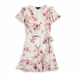 City Chic Ruffle Mini Dress Tie Waist V Neck Floral Print Ivory Pink Plus 16 NWT